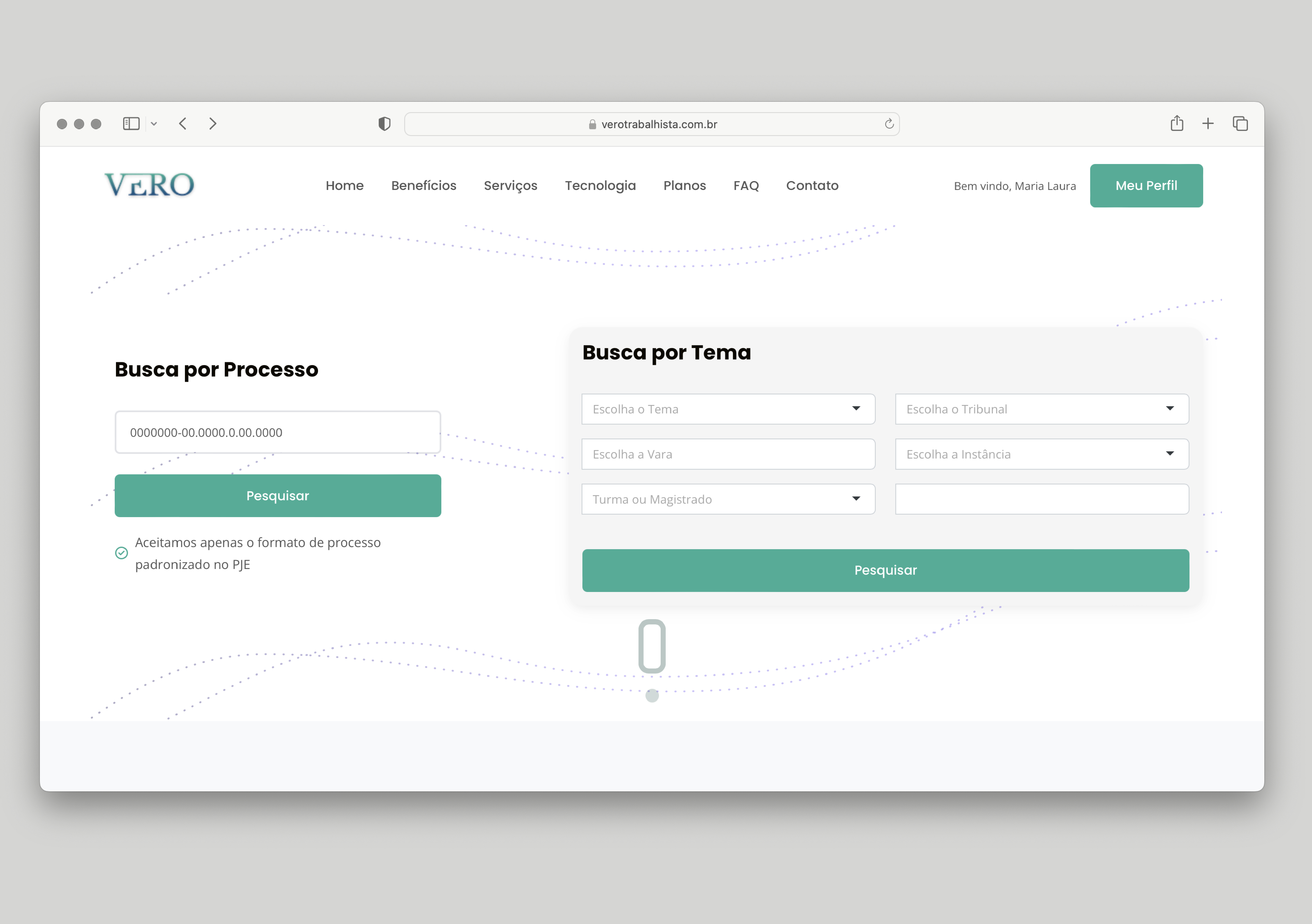 Primeira tela do mecanismo de busca jurídico. Vero Trabalhista. Interface branca com variação de botões em verde.
